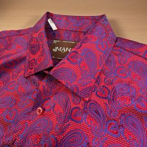 Manzini Shirt Mens Size XL Silky Satin Red Paisley Floral Short Sleeve Disco
